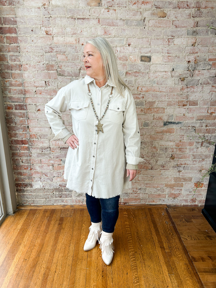 Cotton Shirt Dress w/ Collared Neck