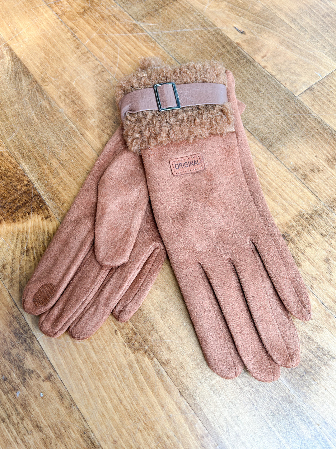 Faux Suede Gloves w/ Strap & Sherpa