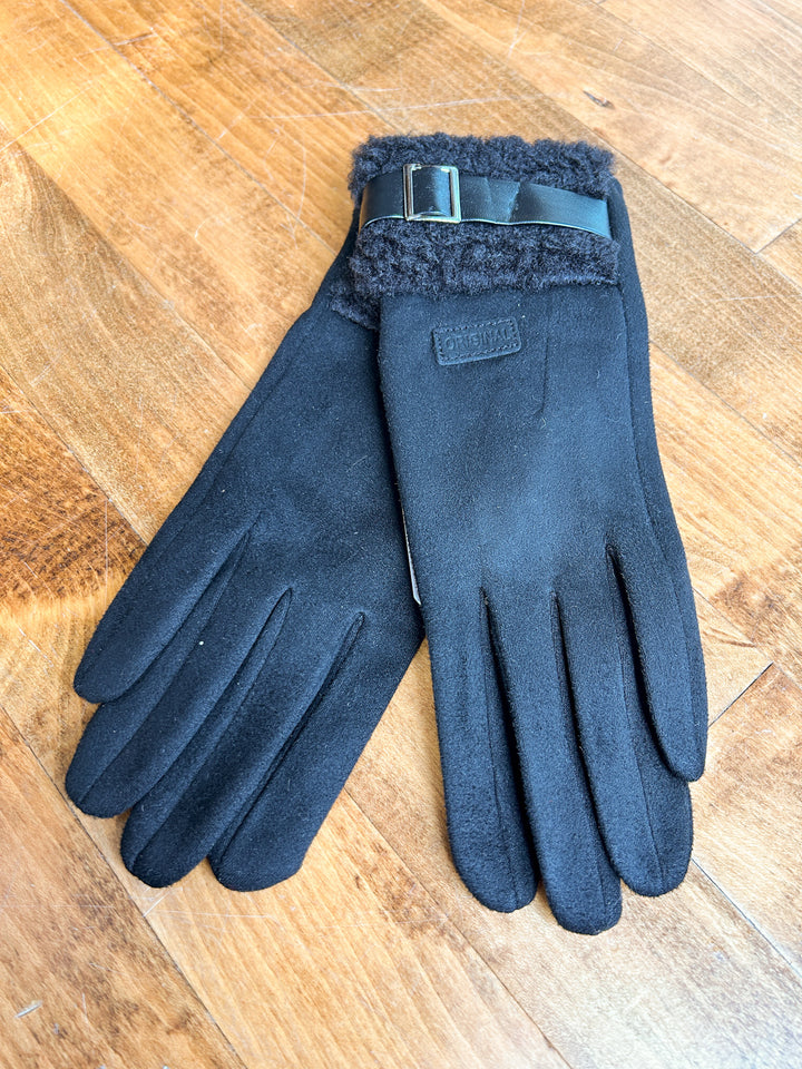 Faux Suede Gloves w/ Strap & Sherpa