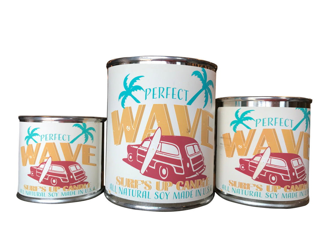 Surfs Up Candle Perfect Wave paint can candles in three sizes on white background