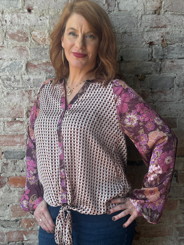 Tie Front Raglan Buttondown Top