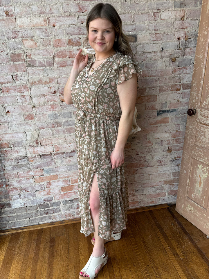 Flutter Sleeve Tiered Midi Dress
