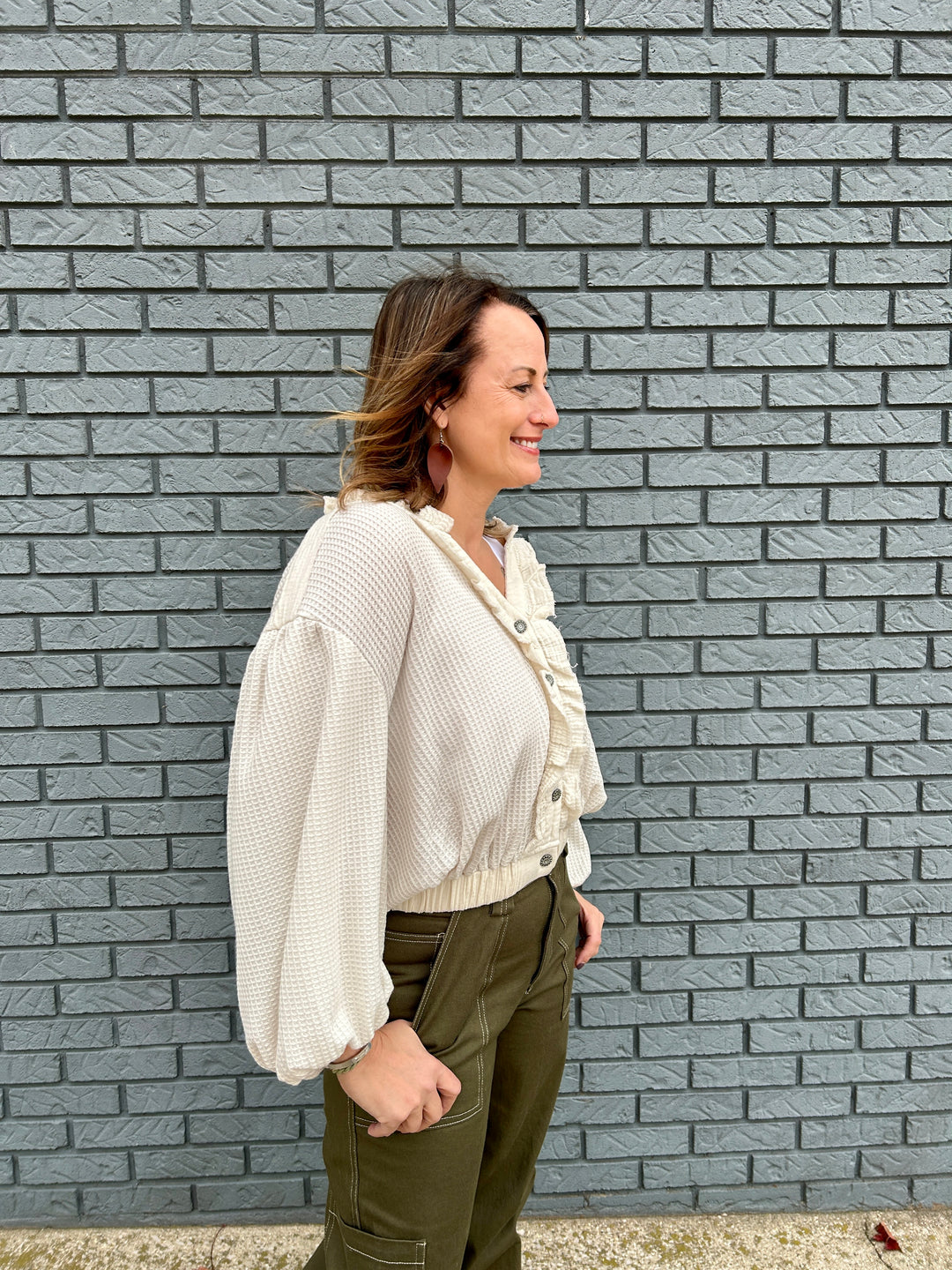 Cropped Thermal Balloon Sleeve Cardi
