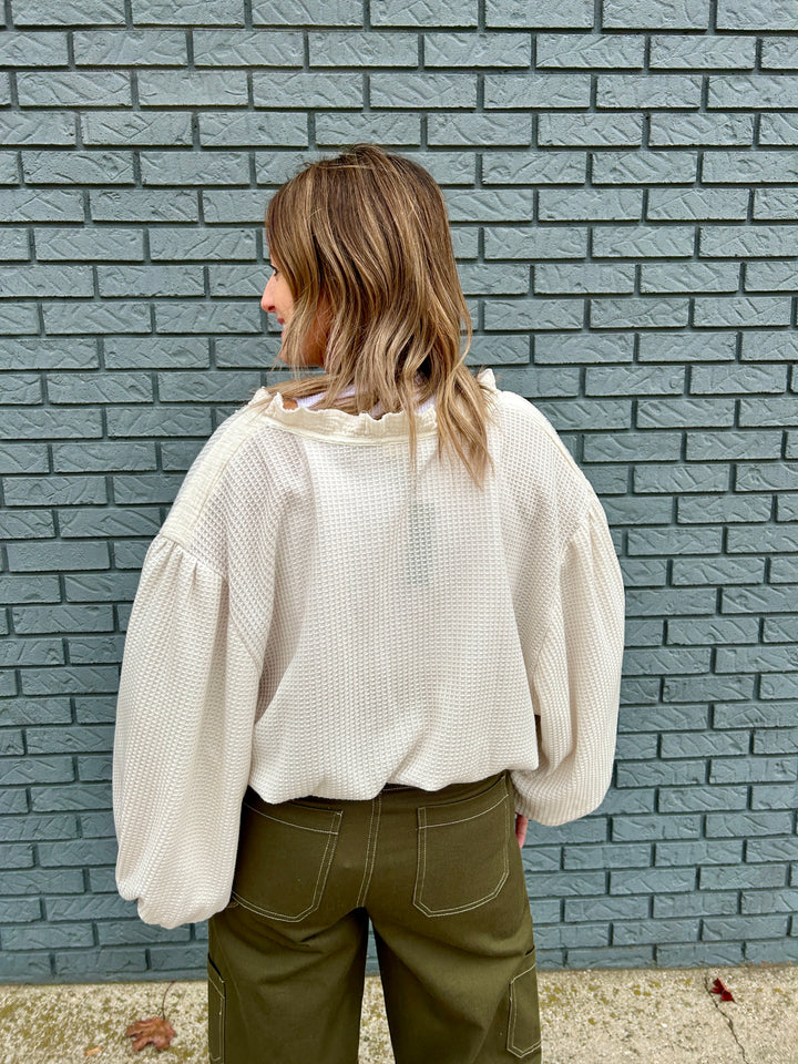 Cropped Thermal Balloon Sleeve Cardi