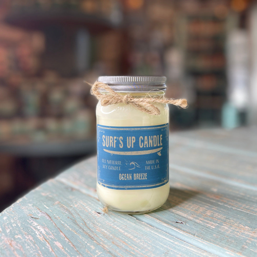 Surf's Up Candle Ocean Breeze scented all-natural soy candle in a 16oz mason jar with twine bow