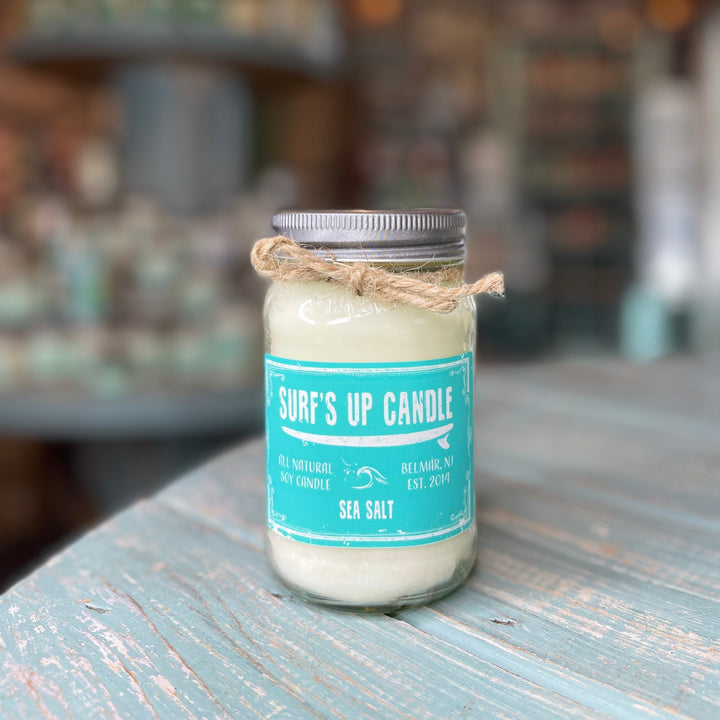 Surf's Up Candle Sea Salt scented all-natural soy candle in glass mason jar with twine
