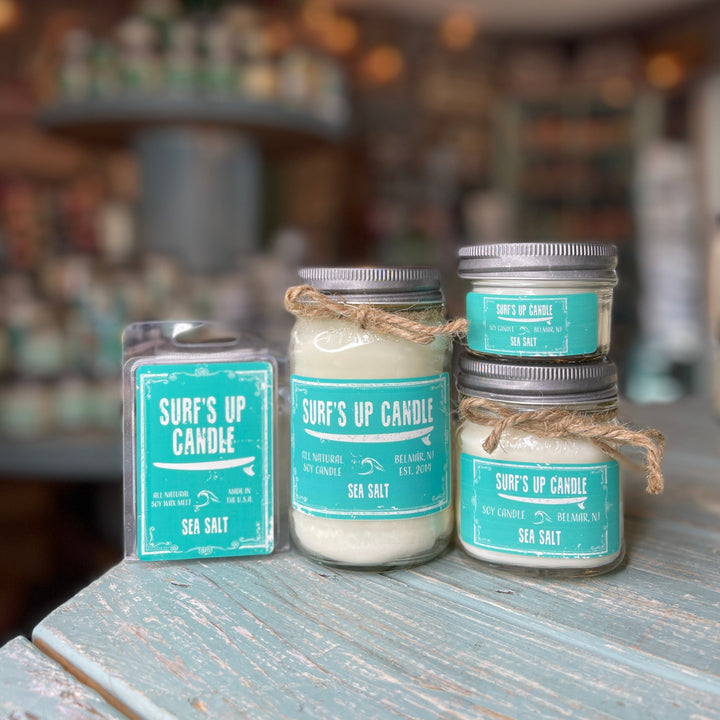 Surf's Up Candle Sea Salt 8oz mason jar soy candle with teal label and twine accent