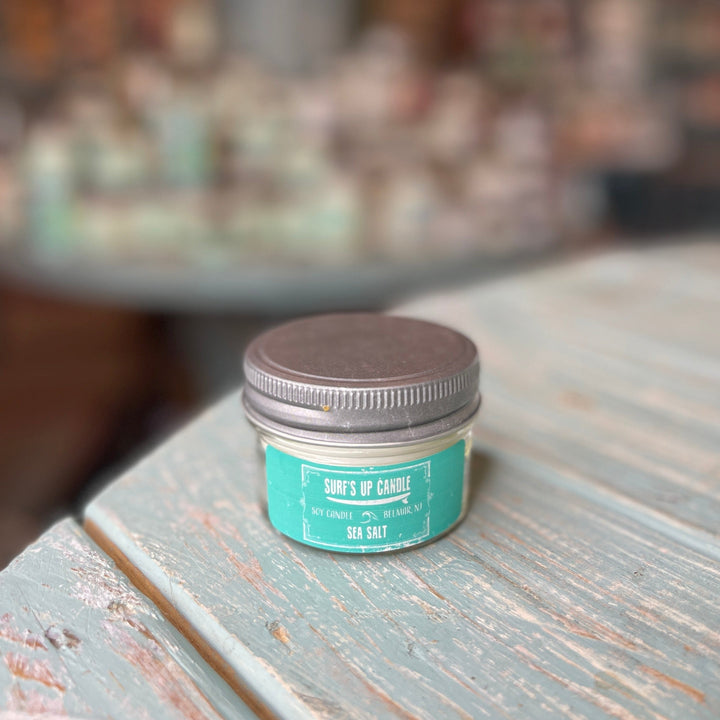 Surf's Up Candle Sea Salt soy candle in small glass mason jar with silver lid