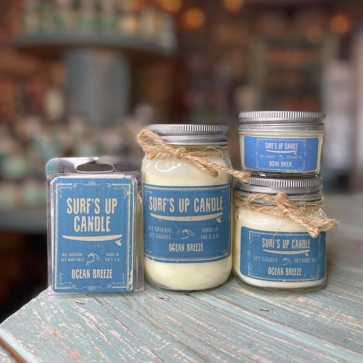 Surf's Up Candle Ocean Breeze soy wax mason jar candle with blue label and twine bow