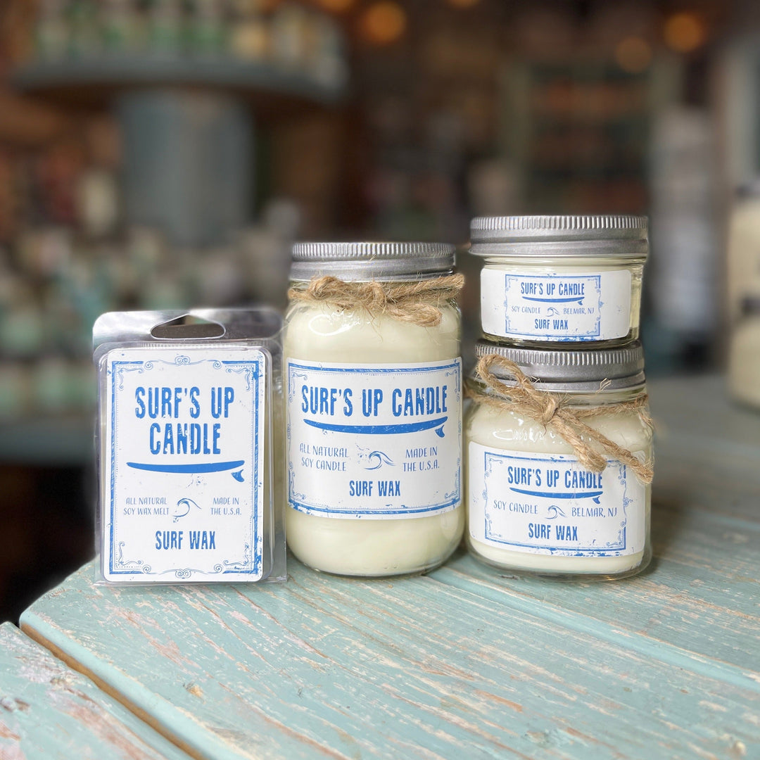 Surf's Up Candle Surf Wax scented soy candle in mason jar with silver lid and twine