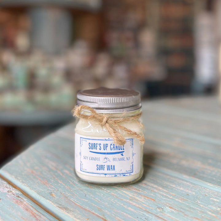 Surf's Up Candle Surf Wax soy candle in a small mason jar with twine bow