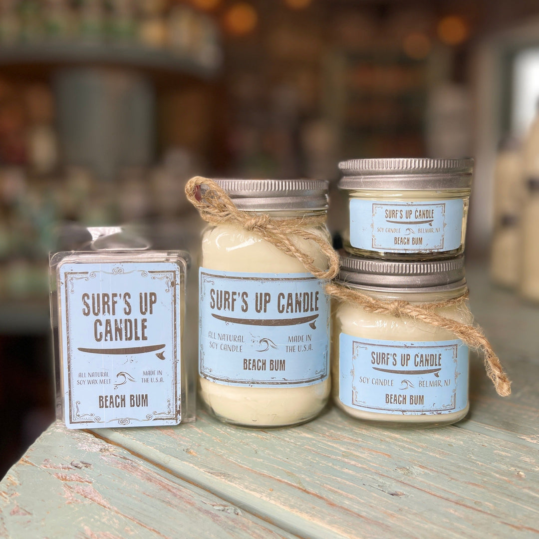 Surf's Up Candle Beach Bum 16oz mason jar soy candle with twine accent