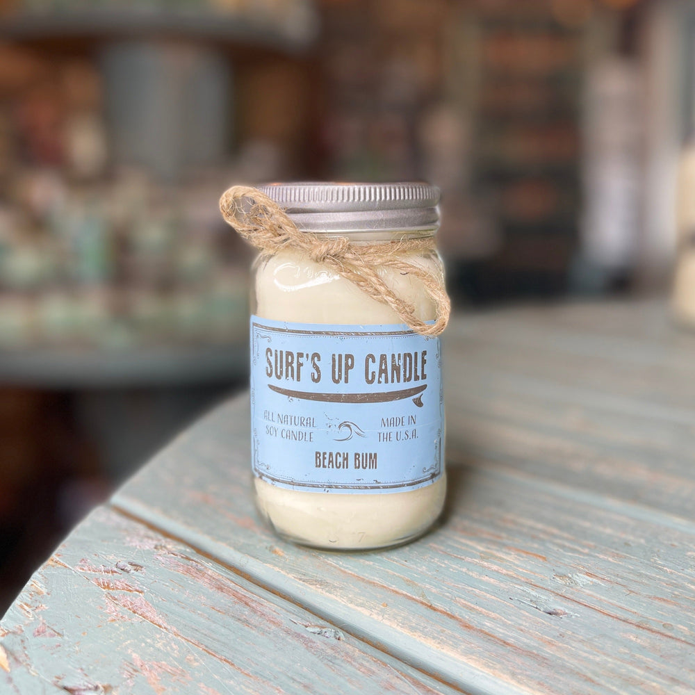 Surf's Up Candle Beach Bum scented soy candle in a 16oz mason jar with twine bow