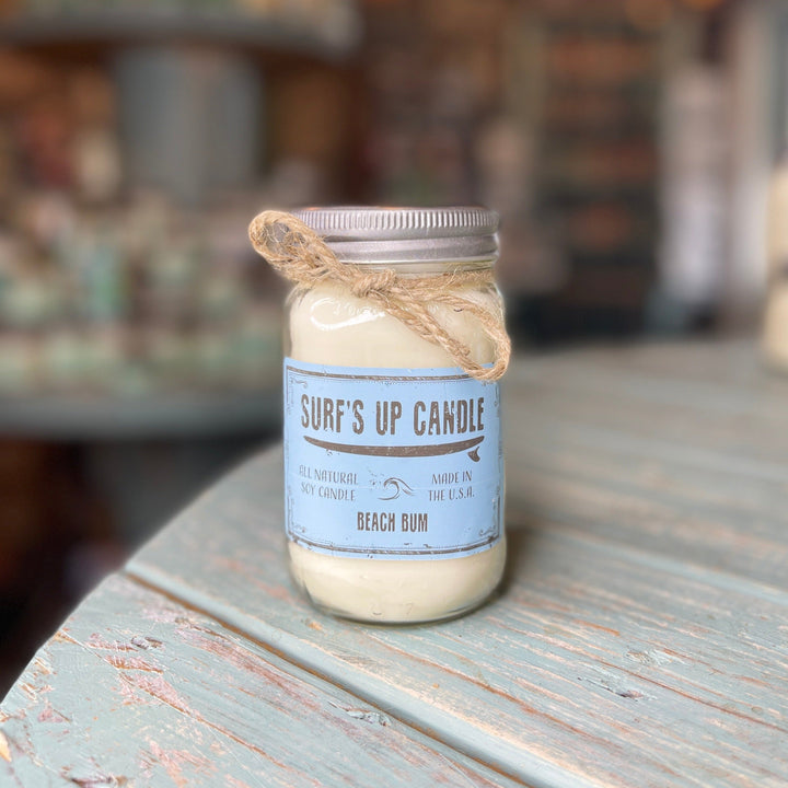 Surf's Up Candle Beach Bum scented soy candle in a 16oz mason jar with twine bow