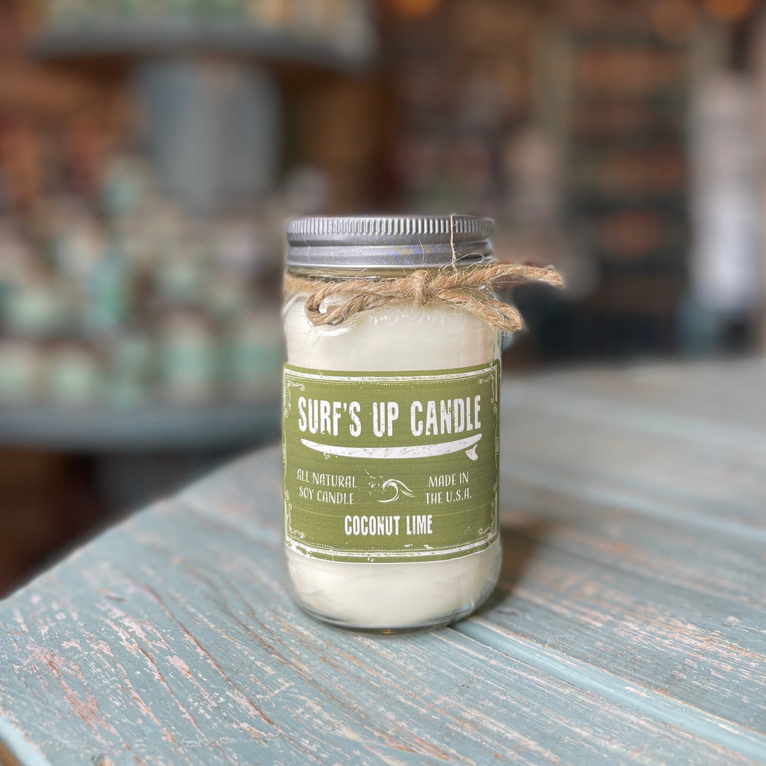 Surf's Up Candle Coconut Lime 16oz soy wax mason jar candle with twine bow