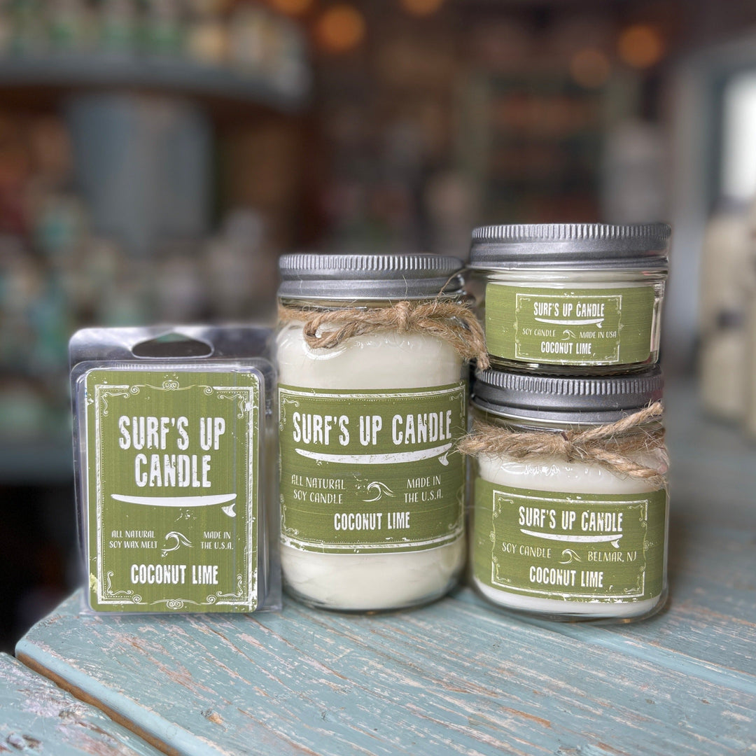 Surf's Up Candle Coconut Lime 8oz all-natural soy mason jar candle with twine bow