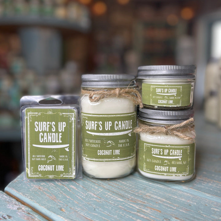 Surf's Up Candle Coconut Lime 8oz all-natural soy mason jar candle with twine bow