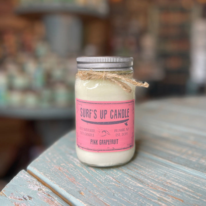 Surf's Up Candle Pink Grapefruit all-natural soy wax mason jar candle with twine bow
