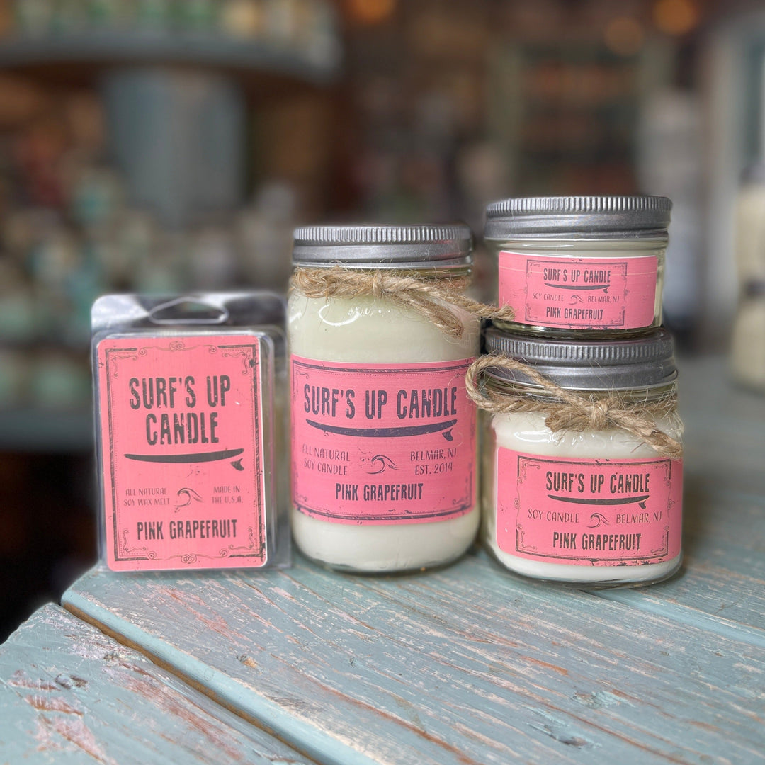 Surf's Up Candle Pink Grapefruit 8oz mason jar soy candle with silver lid and twine