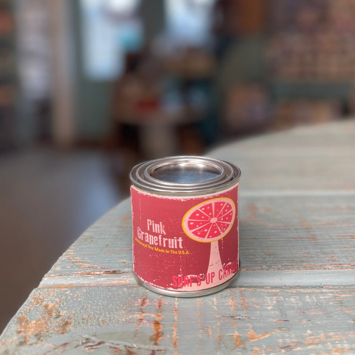Surf's Up Candle Pink Grapefruit soy candle in a small paint can tin