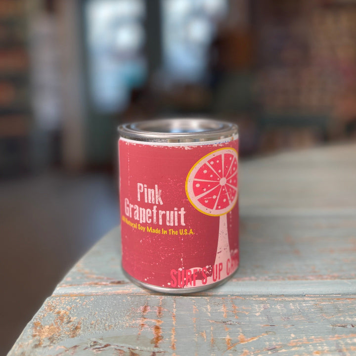 Surfs Up Candle Pink Grapefruit scented paint can candle pint in metallic tin with pink label
