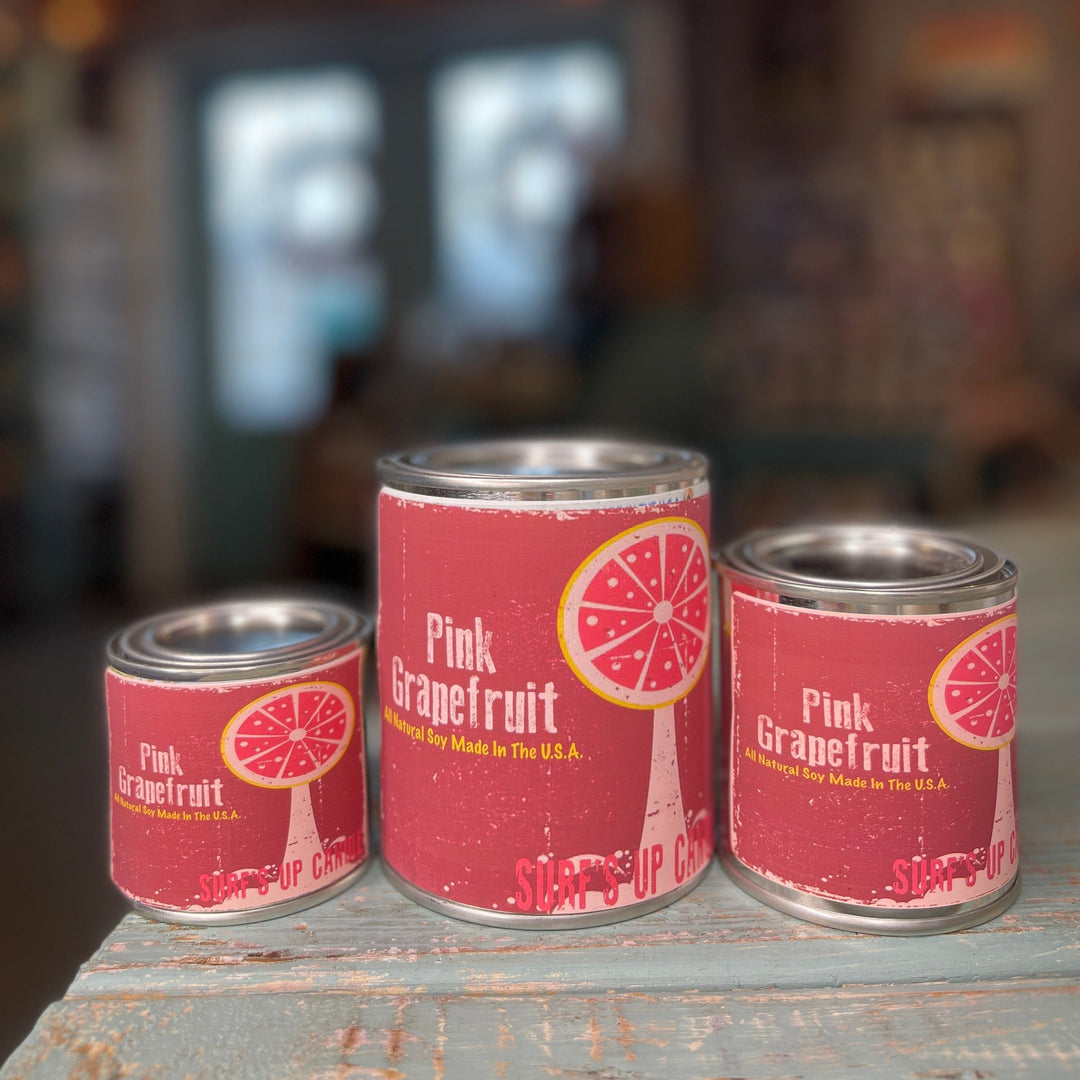 Surfs Up Candle Pink Grapefruit soy candles in paint can tins, three sizes displayed