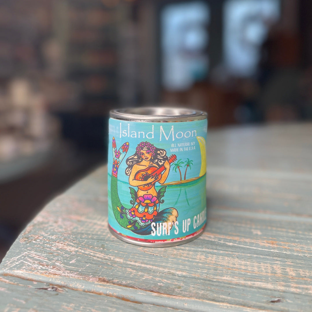 Surf's Up Candle Island Moon paint can pint candle with colorful mermaid ukulele tropical label