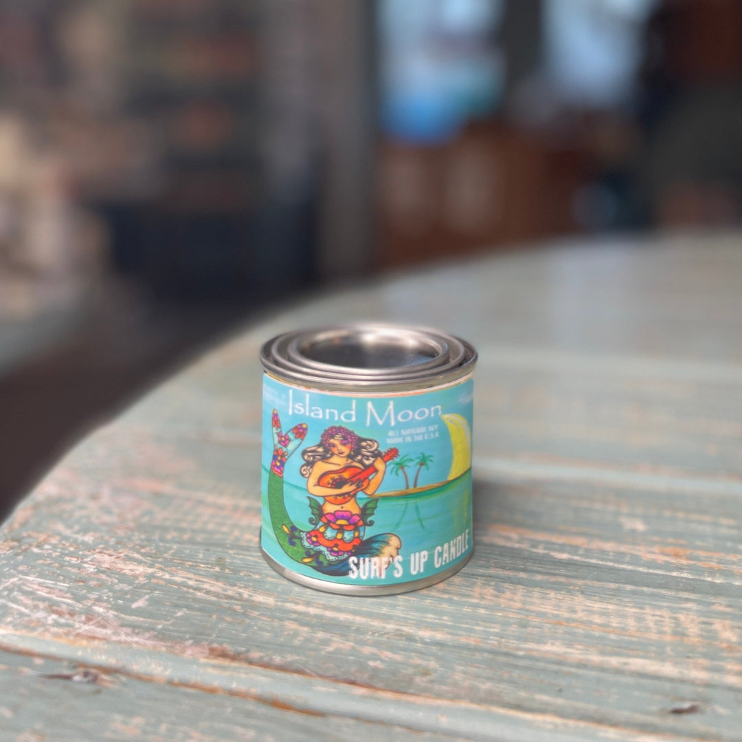 Surf's Up Candle Island Moon paint can candle pint in a tropical teal mermaid design