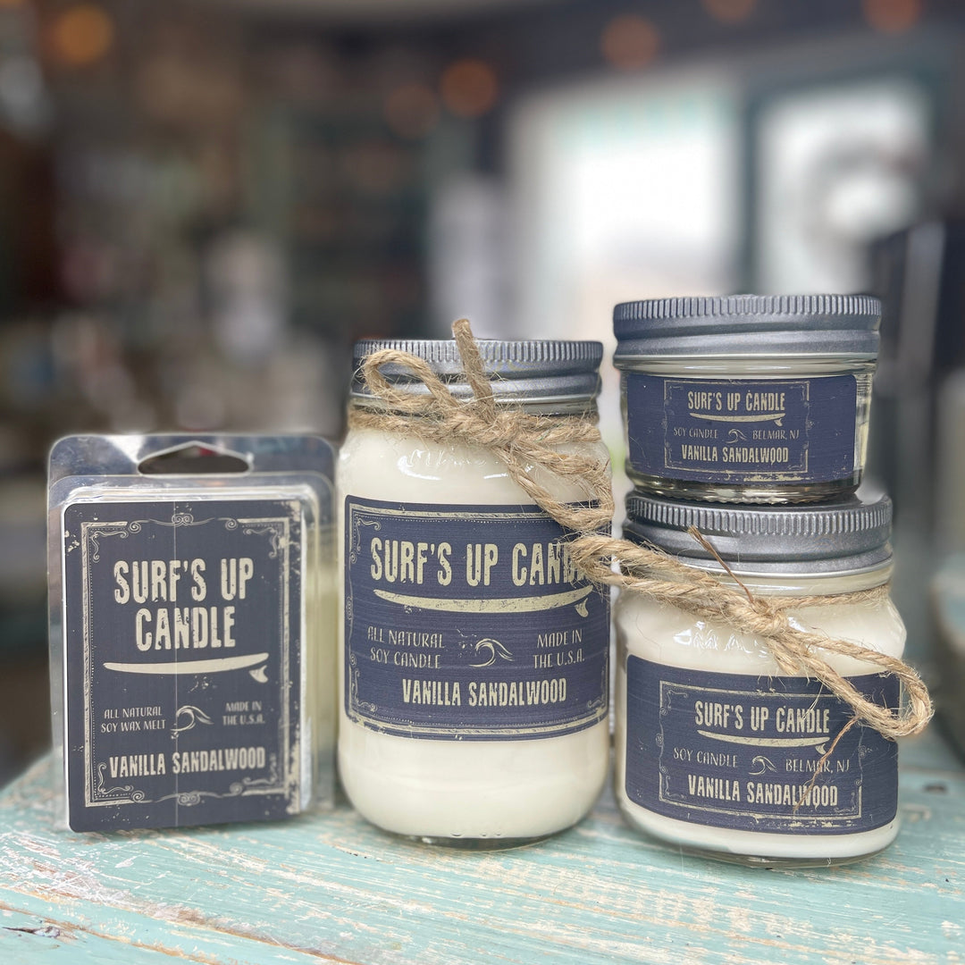 Surf's Up Candle Vanilla Sandalwood 8oz mason jar soy candle with twine bow and navy label
