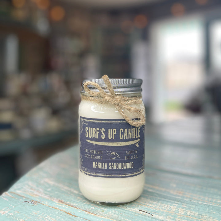 Surf's Up Candle Vanilla Sandalwood 16oz mason jar soy candle with twine bow