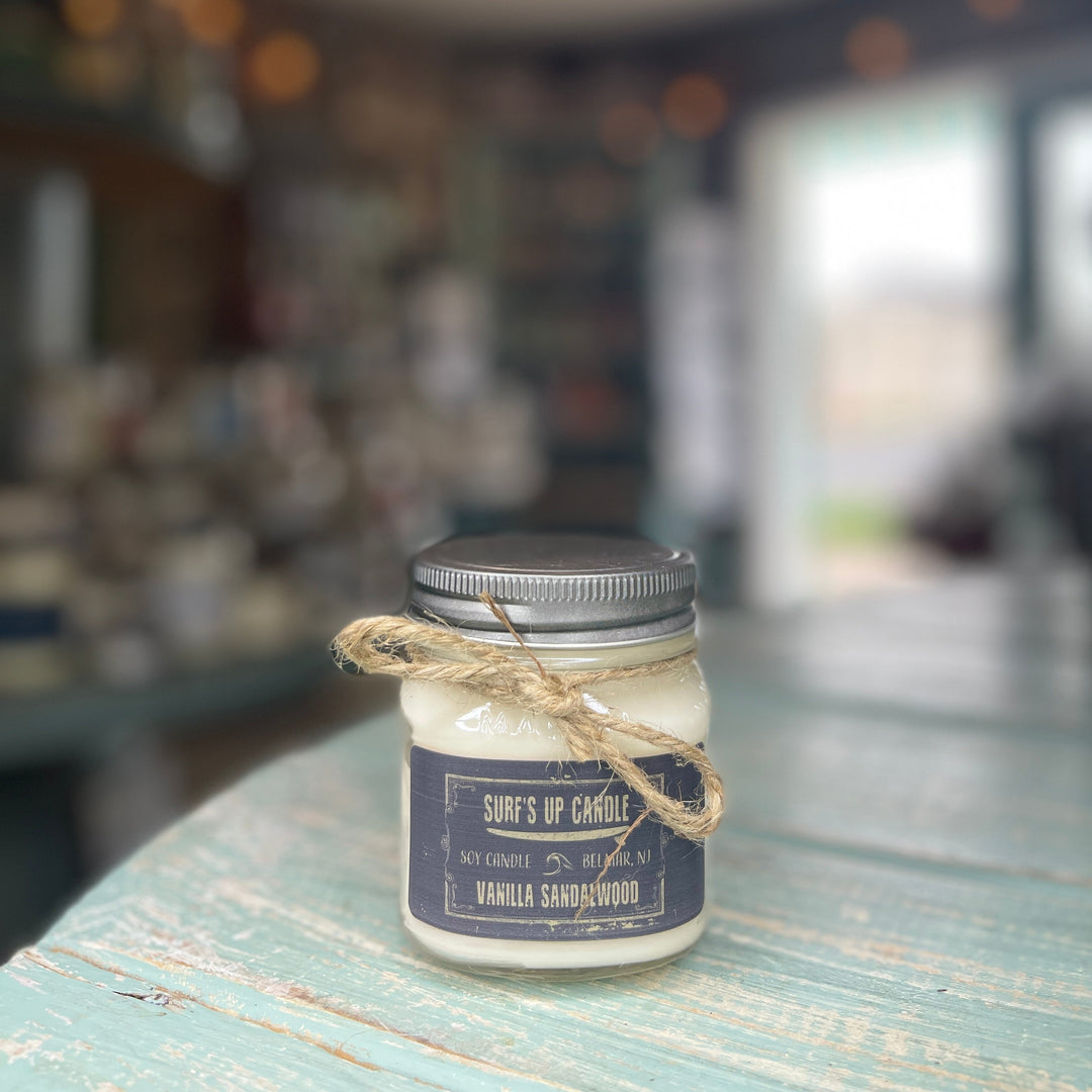Surf's Up Candle 4oz mini mason jar soy candle in Vanilla Sandalwood scent with twine bow