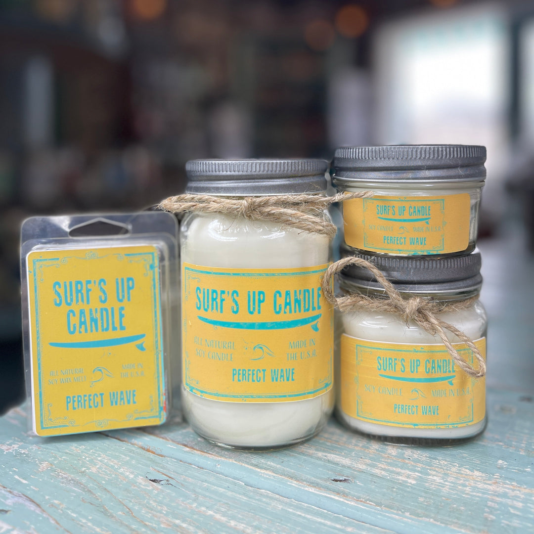 Surf's Up Candle Perfect Wave soy candle in mason jar with yellow teal label
