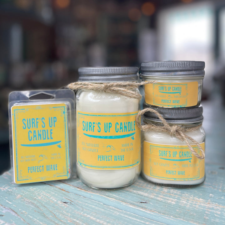 Surf's Up Candle Perfect Wave soy candle in mason jar with yellow teal label