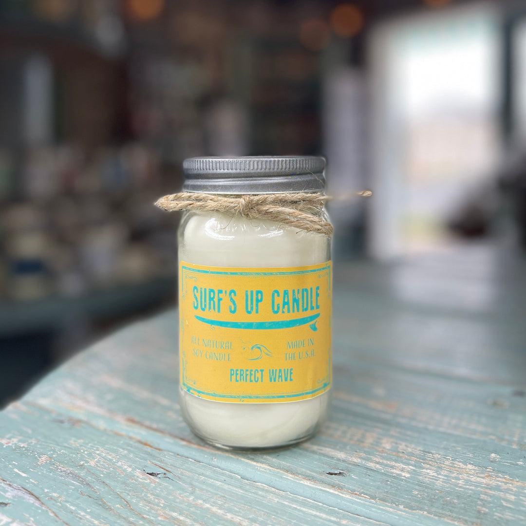 Surf's Up Candle Perfect Wave soy candle in a mason jar with yellow label and twine