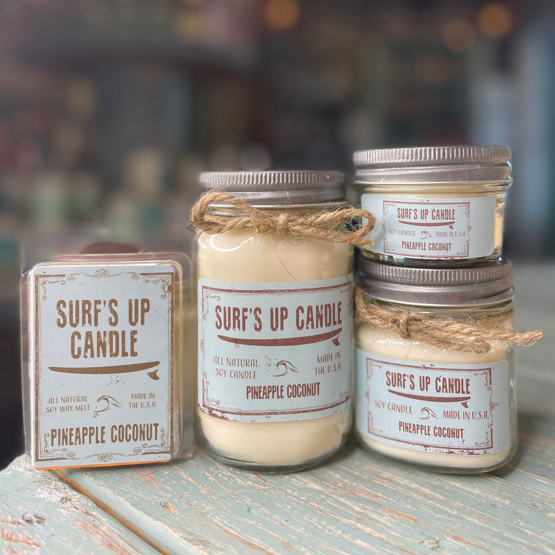 Surf's Up Candle Pineapple Coconut 8oz mason jar soy candle with twine accent