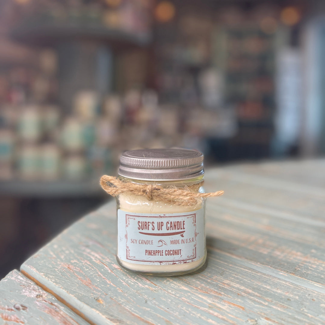 Surf's Up Candle Pineapple Coconut soy candle in small mason jar with metal lid and twine bow