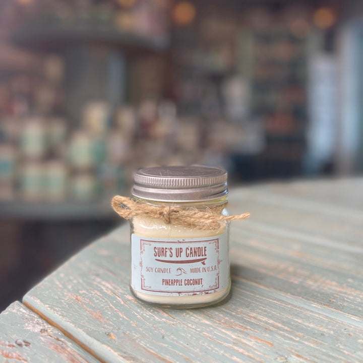 Surf's Up Candle Pineapple Coconut soy candle in small mason jar with twine bow