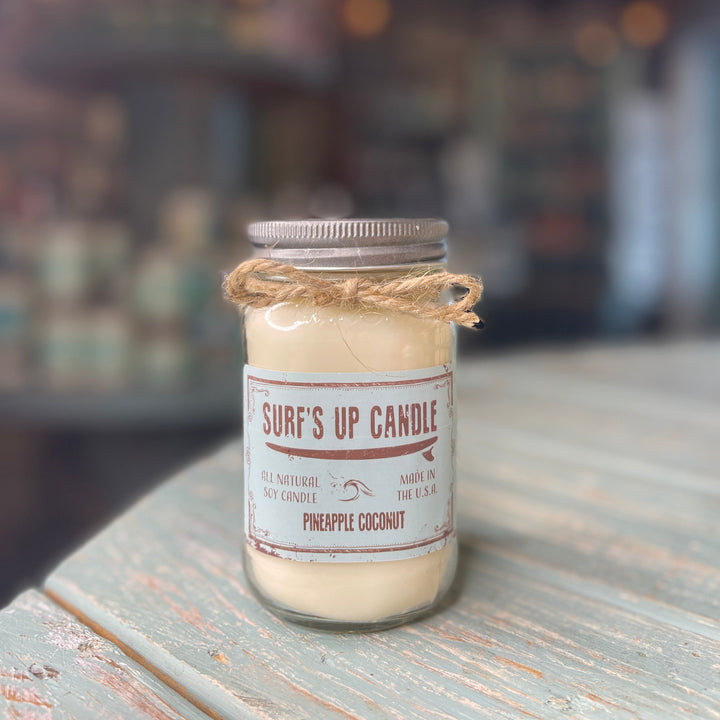 Surf's Up Candle Pineapple Coconut all-natural soy candle in a mason jar with twine bow