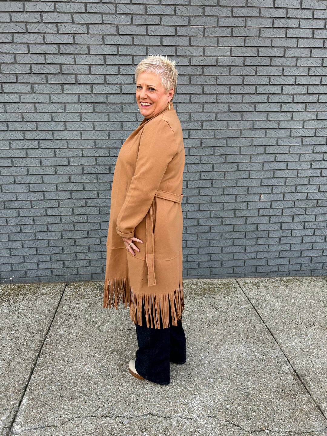 Fringe Hem Long Felt Coat