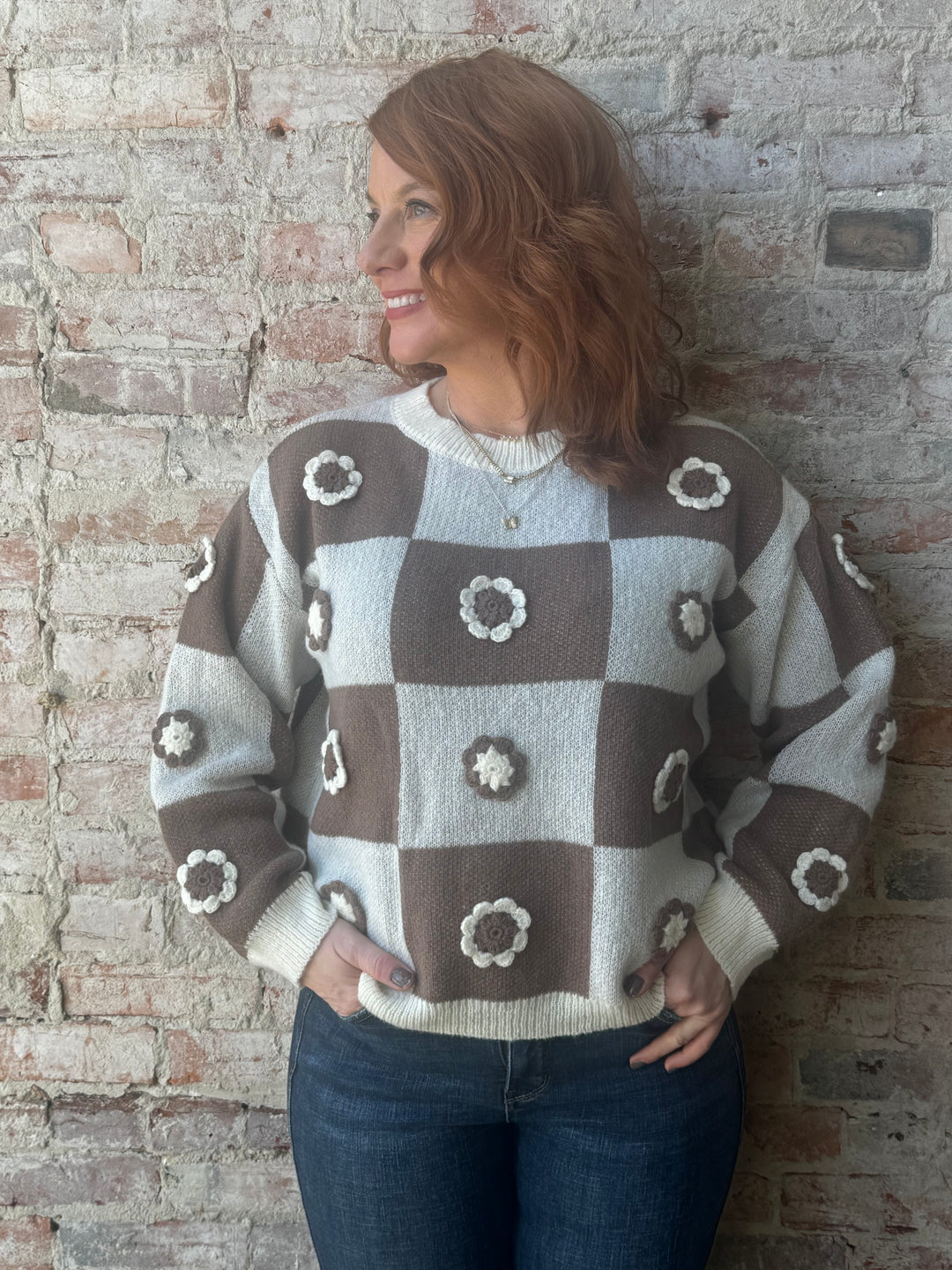 Checkered Flower Patched Sweater