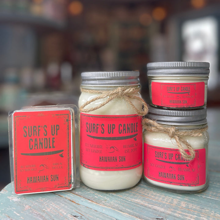 Surf's Up Candle Hawaiian Sun 16oz mason jar soy candle with red label and twine