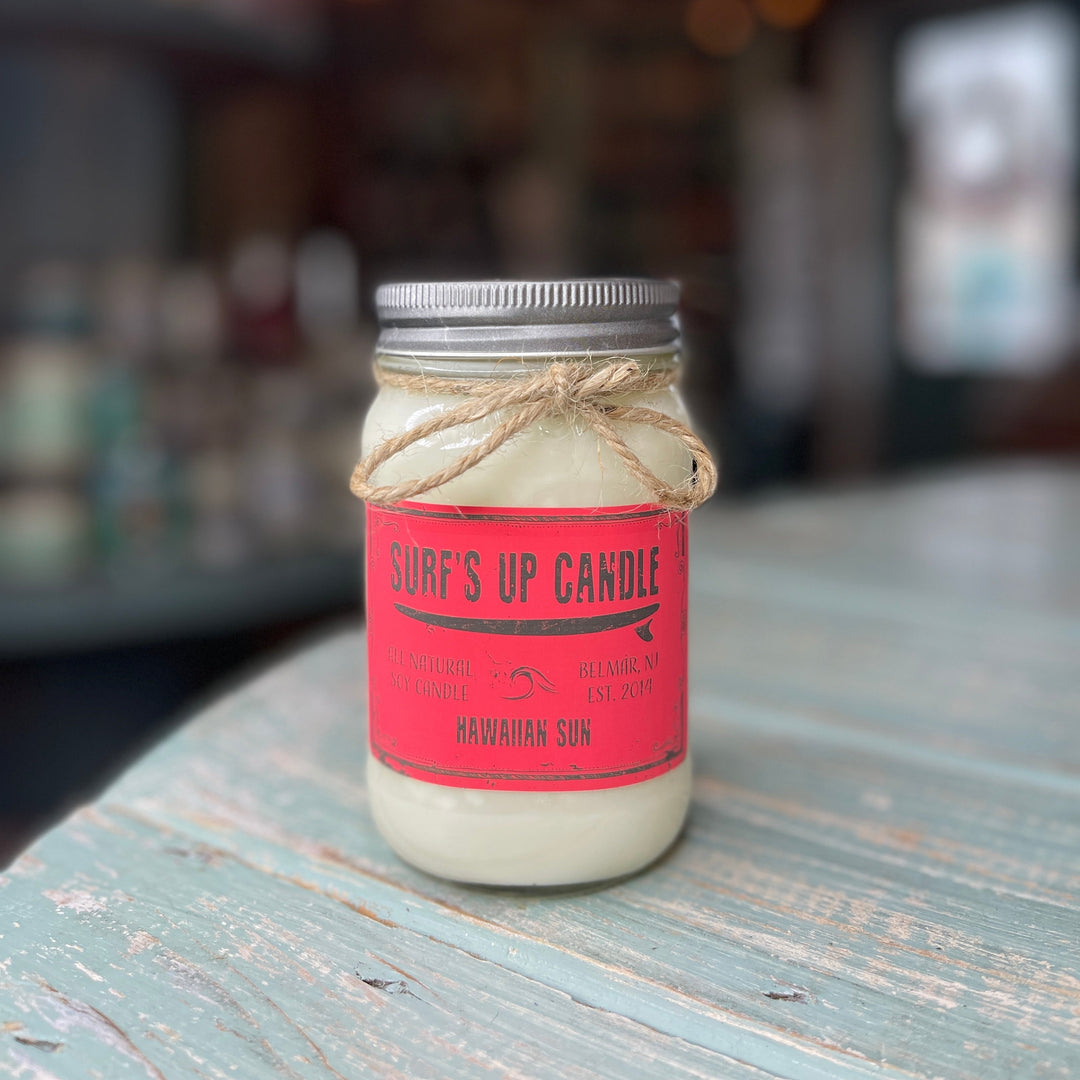 Surf's Up Candle Hawaiian Sun 16oz mason jar soy candle with red label and twine bow