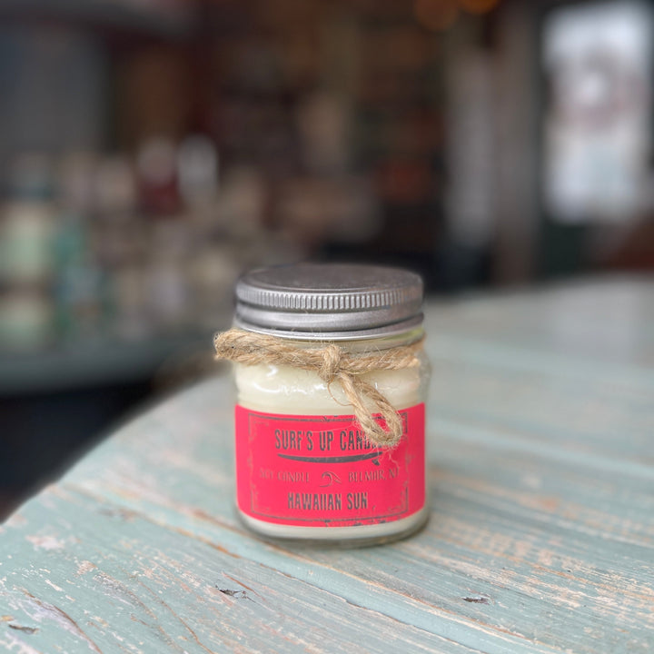 Surf's Up Candle Hawaiian Sun soy candle in mason jar with silver lid and twine bow