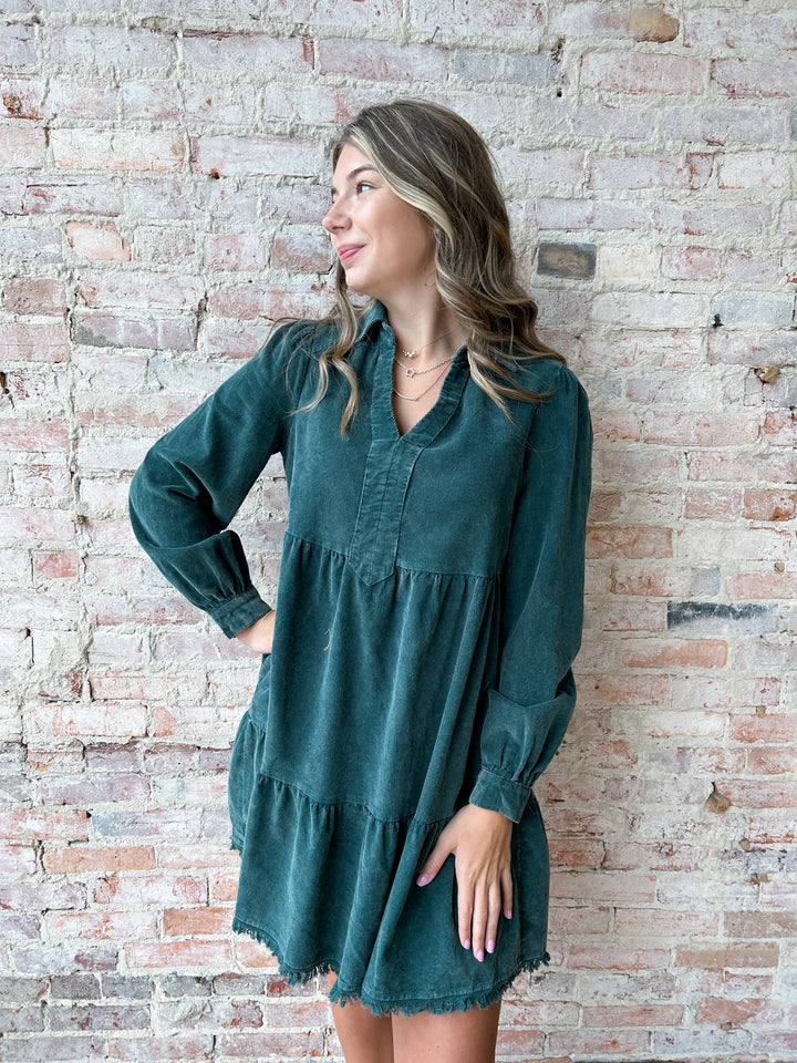 corduroy tiered dress with fringe and pockets