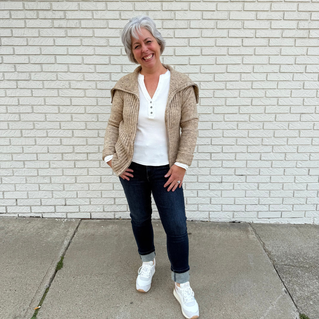 Women's ribbed jacket with zipper closure and drop back lapel – model Becky wears a medium, fits true to size.

