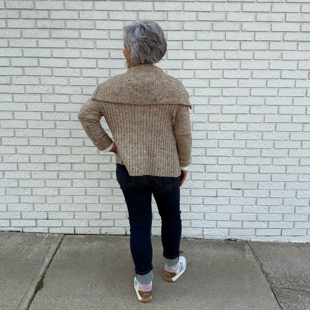 Women's ribbed jacket with zipper closure and drop back lapel – model Becky wears a medium, fits true to size.

