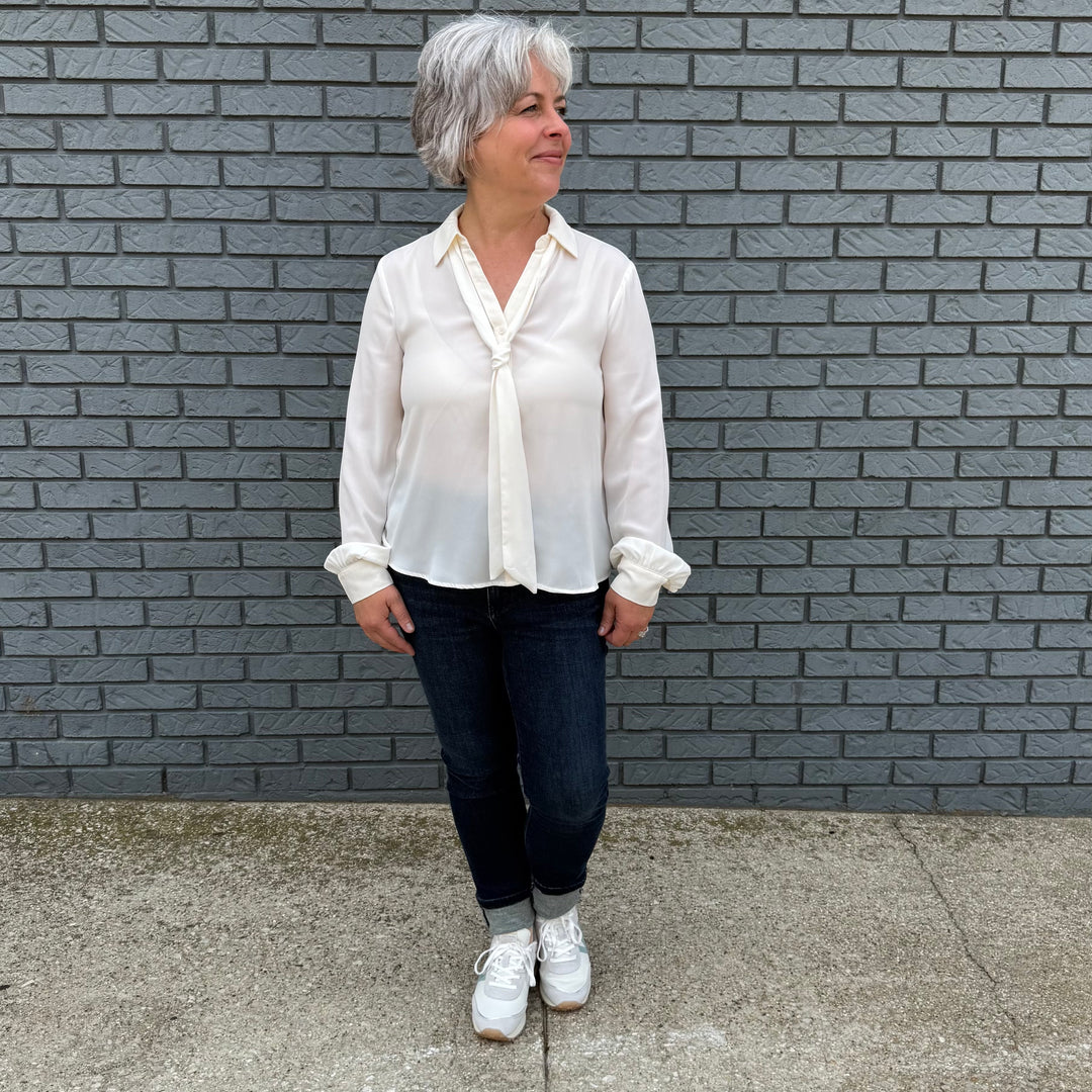 Women's loose-fit button-down top with long bubble sleeves – model Becky wears a small, fits slightly oversized.

