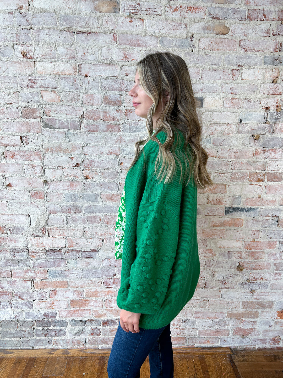 open cardi with pom pom detail