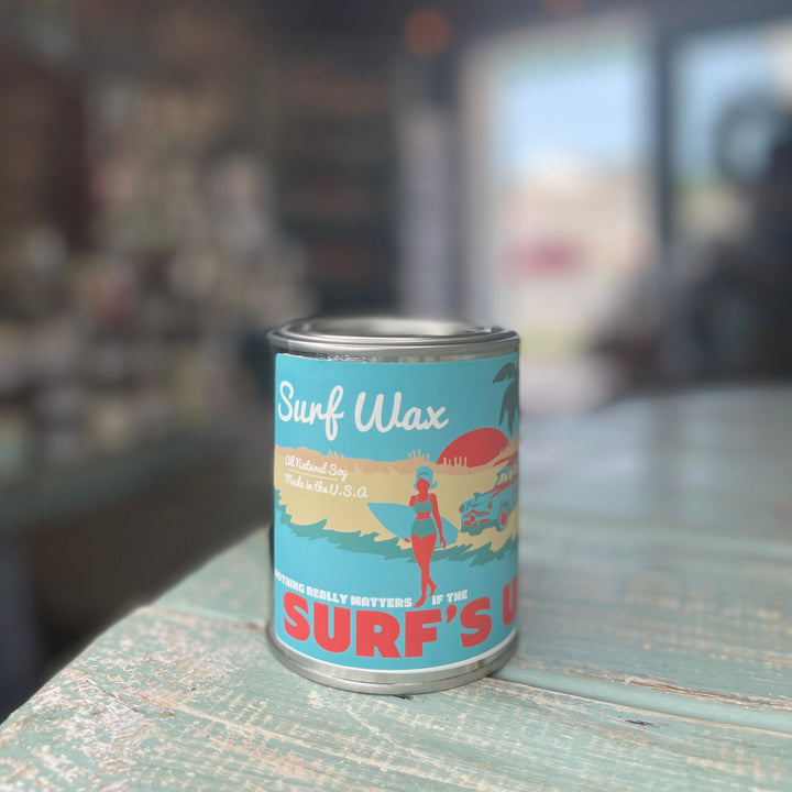 Surfs Up Candle Surf Wax Paint Can Candle Pint in retro beach-themed turquoise tin