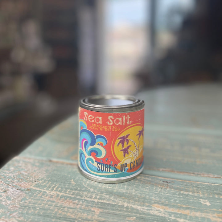 Surf's Up Candle Sea Salt paint can candle in a colorful tropical beach-themed tin